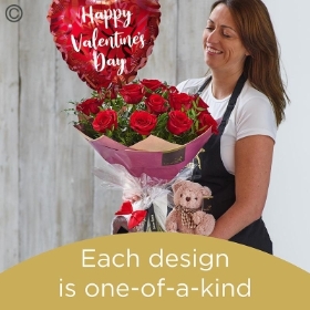 Red Roses with Chocolates,  Junior Bear and Valentines Balloon