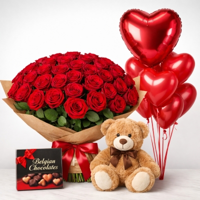 Romantic Red Roses Package with Teddy, Chocolates  and 5 Balloons Cluster