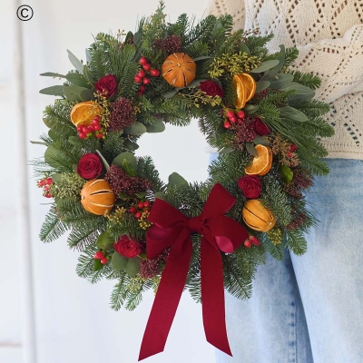 Traditional Christmas Wreath – Red, Orange & Evergreen
