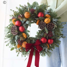 Traditional Christmas Wreath – Red, Orange & Evergreen